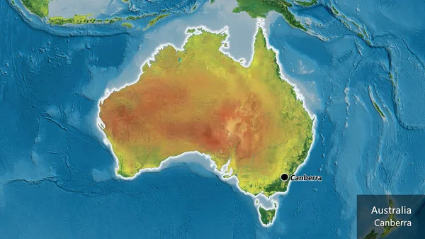 地形図上のオーストラリア国境地域の閉鎖 資本ポイント 国の形の周りに光る 英名国とその首都 — ストック写真