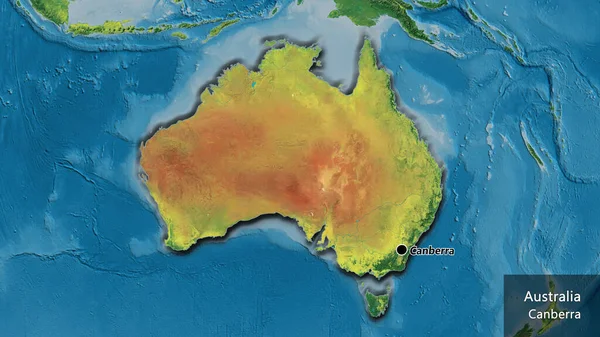 在一个地形图上对澳大利亚边境地区进行密切监视 资本点 这个国家的边缘呈斜角状 国家及其首都的英文名称 — 图库照片