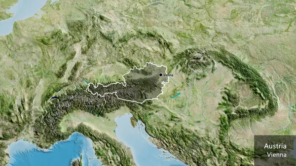 衛星地図上の暗いオーバーレイで強調オーストリア国境地域のクローズアップ 資本ポイント 国の形の周りの概要 英名国とその首都 — ストック写真
