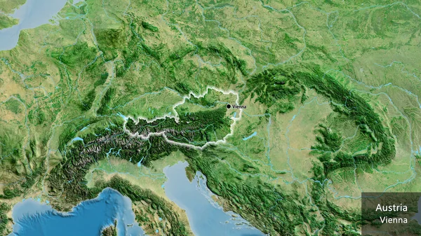 衛星地図上のオーストリア国境地域の閉鎖 資本ポイント 国の形の周りに光る 英名国とその首都 — ストック写真