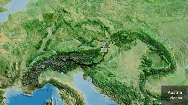 衛星地図上のオーストリア国境地域の閉鎖 資本ポイント 国の形の縁が隠されています 英名国とその首都 — ストック写真