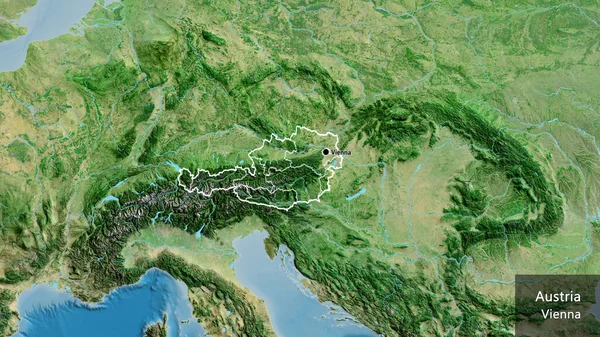 利用卫星地图密切监视奥地利边境地区及其区域边界 资本点 概略地描述一下国家的面貌 国家及其首都的英文名称 — 图库照片