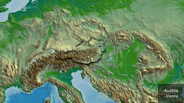 物理的な地図上のオーストリア国境地域のクローズアップ 資本ポイント 国の形の縁が隠されています 英名国とその首都 — ストック写真