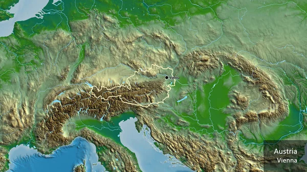 物理的な地図上のオーストリア国境地域のクローズアップ 資本ポイント 国の形の周りの概要 英名国とその首都 — ストック写真