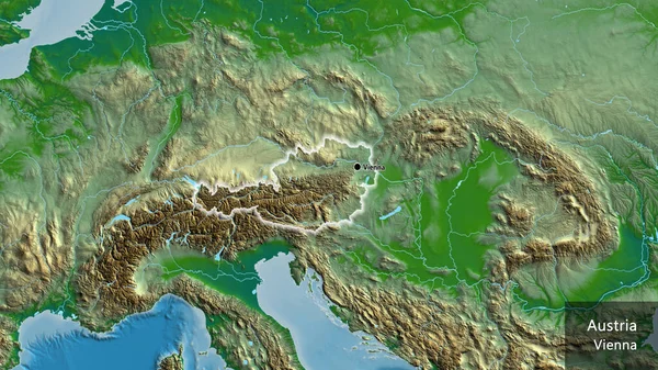 物理的な地図上のオーストリア国境地域のクローズアップ 資本ポイント 国の形の周りに光る 英名国とその首都 — ストック写真