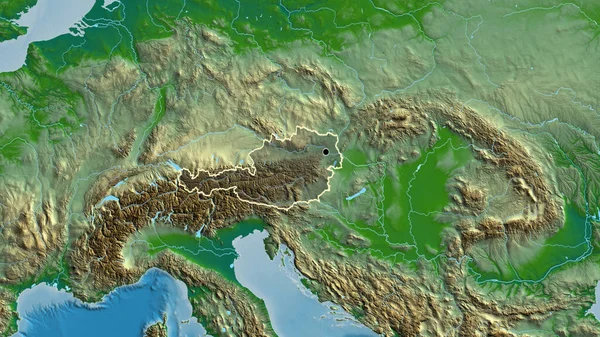 物理的な地図上の暗いオーバーレイで強調オーストリア国境地域のクローズアップ 資本ポイント 全国の概要 — ストック写真