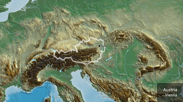 救援地図上のオーストリア国境地域の閉鎖 資本ポイント 国の形の周りに光る 英名国とその首都 — ストック写真