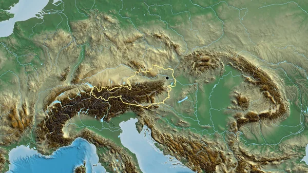 stock image Close-up of the Austria border area on a relief map. Capital point. Outline around the country shape. 