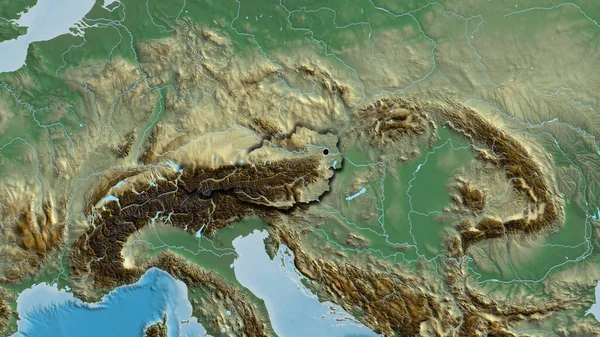 stock image Close-up of the Austria border area on a relief map. Capital point. Bevelled edges of the country shape. 