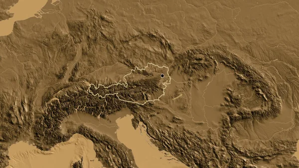 セピア標高地図上のオーストリア国境地域の閉鎖 資本ポイント 全国の概要 — ストック写真