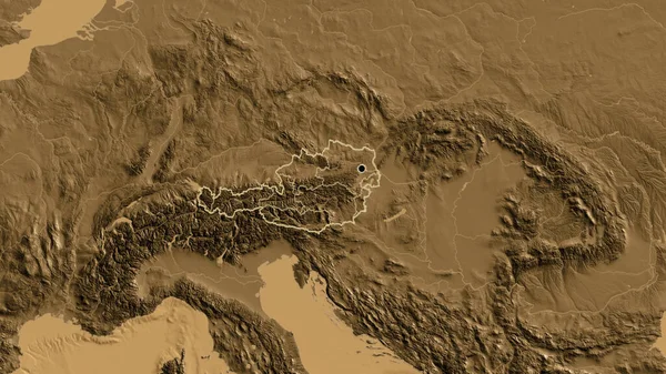 Närbild Österrikes Gränsområde Och Dess Regionala Gränser Karta Över Sepiahöjder — Stockfoto