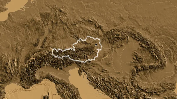 Närbild Österrikes Gränsområde Karta Över Sepiahöjder Huvudpunkt Glow Runt Landet — Stockfoto