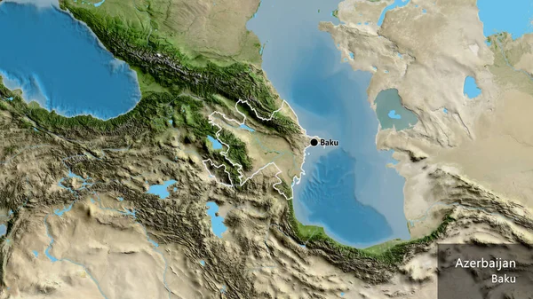 衛星地図上のアゼルバイジャン国境地域の閉鎖 資本ポイント 国の形の周りの概要 英名国とその首都 — ストック写真