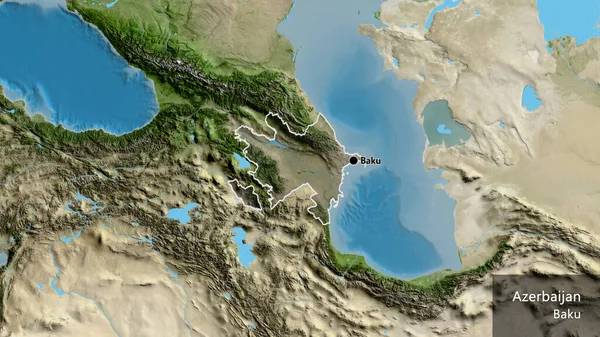衛星地図上の暗いオーバーレイで強調アゼルバイジャン国境地域のクローズアップ 資本ポイント 国の形の周りの概要 英名国とその首都 — ストック写真