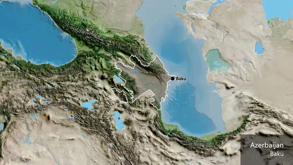 衛星地図上の暗いオーバーレイで強調アゼルバイジャン国境地域のクローズアップ 資本ポイント 国の形の周りの概要 英名国とその首都 — ストック写真