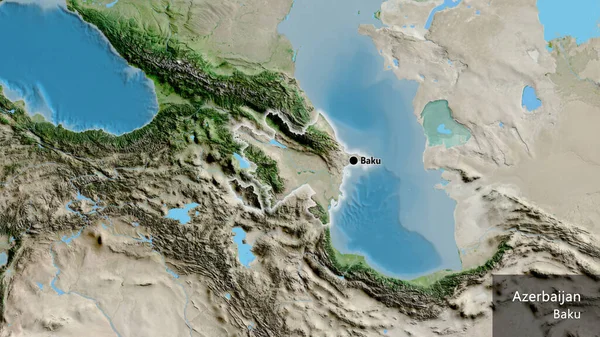 衛星地図上のアゼルバイジャン国境地域の閉鎖 資本ポイント 国の形の周りに光る 英名国とその首都 — ストック写真
