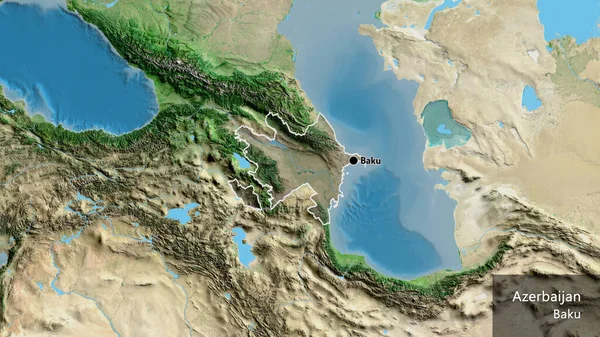 阿塞拜疆边境地区的特写镜头 用卫星地图上的黑暗阴影突出显示出来 资本点 概略地描述一下国家的面貌 国家及其首都的英文名称 — 图库照片
