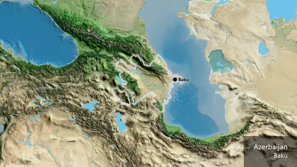 衛星地図上のアゼルバイジャン国境地域の閉鎖 資本ポイント 国の形の周りに光る 英名国とその首都 — ストック写真