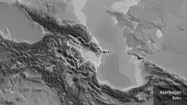 アゼルバイジャン国境地域とその地域の境界線をグレースケールの地図上でクローズアップしている 資本ポイント 国の形の周りの概要 英名国とその首都 — ストック写真