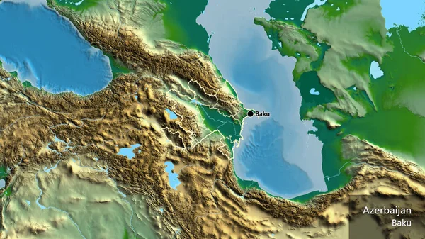 アゼルバイジャン国境地域とその地域の境界線の物理的な地図上のクローズアップ 資本ポイント 国の形の周りの概要 英名国とその首都 — ストック写真
