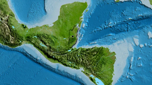 卫星地图上伯利兹边境地区的特写 资本点 国家形状的斜边 — 图库照片