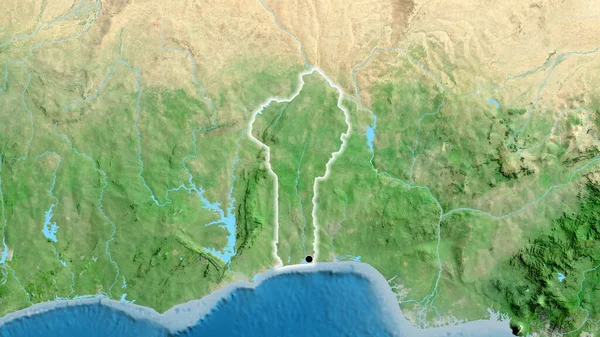 Închiderea Zonei Frontieră Benin Hartă Prin Satelit Punct Capital Strălucire — Fotografie, imagine de stoc