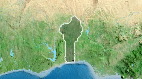 Närbild Benins Gränsområde Med Mörk Överlagring Satellitkarta Huvudpunkt Glow Runt — Stockfoto