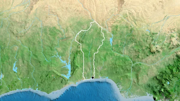 Κοντινό Πλάνο Της Παραμεθόριας Περιοχής Μπενίν Δορυφορικό Χάρτη Σημάδι Κεφαλαίου — Φωτογραφία Αρχείου