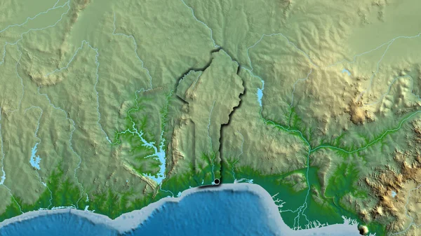 物理的な地図上のベナン境界領域のクローズアップ 資本ポイント 国の形の縁が隠されている — ストック写真