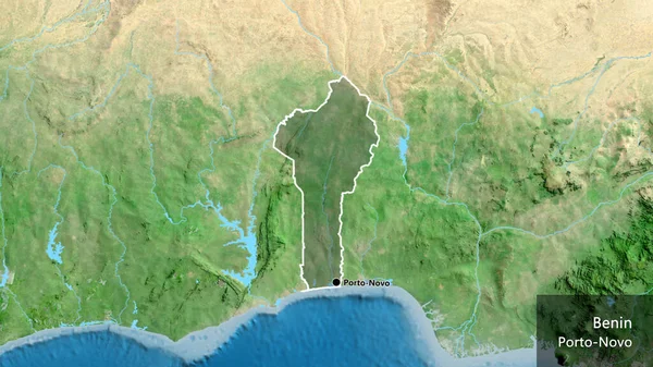 Närbild Benins Gränsområde Med Mörk Överlagring Satellitkarta Huvudpunkt Runt Landet — Stockfoto