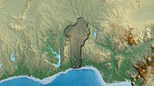 Närbild Benins Gränsområde Med Ett Mörkt Överdrag Reliefkarta Huvudpunkt Skalade — Stockfoto