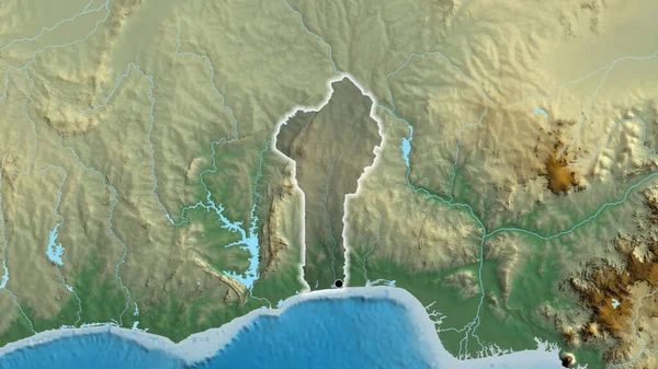 Närbild Benins Gränsområde Med Ett Mörkt Överdrag Reliefkarta Huvudpunkt Glow — Stockfoto