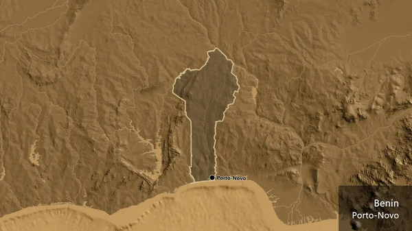 Close Benin Border Area Highlighting Dark Overlay Sepia Elevation Map — Stock Photo, Image