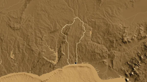 在一张黑色高地地图上对贝宁边境地区进行的密切监视 资本点 国家形貌概述 — 图库照片