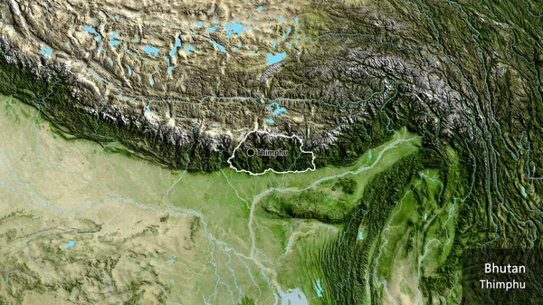Närbild Gränsområdet Bhutan Satellitkarta Huvudpunkt Runt Landet Landets Engelska Namn — Stockfoto