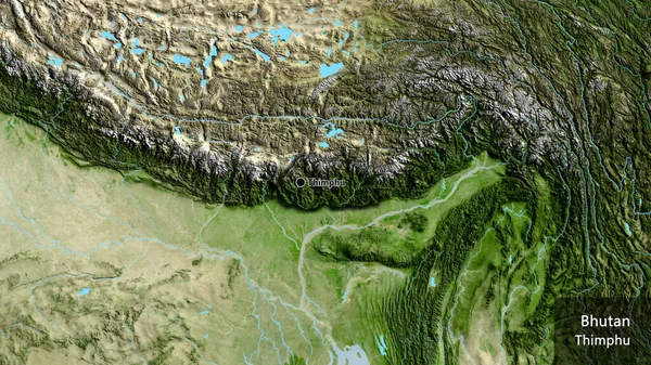 Närbild Gränsområdet Bhutan Satellitkarta Huvudpunkt Skalade Kanter Landet Form Landets — Stockfoto