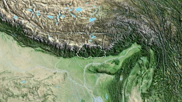 Close Área Fronteira Butão Mapa Satélite Ponto Capital Esboço Torno — Fotografia de Stock