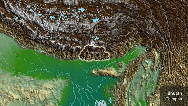 Närbild Gränsområdet Bhutan Fysisk Karta Huvudpunkt Glow Runt Landet Form — Stockfoto