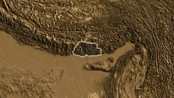 Detailní Záběr Pohraniční Oblasti Bhútánu Zvýrazňující Tmavou Vrstvu Mapě Nadmořské — Stock fotografie