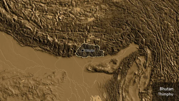 Närbild Bhutans Gränsområde Med Ett Mörkt Överdrag Sepiahöjdskarta Huvudpunkt Runt — Stockfoto