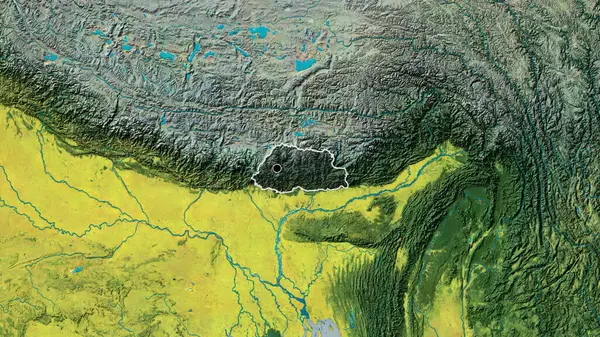 Närbild Gränsområdet Bhutan Med Ett Mörkt Överdrag Topografisk Karta Huvudpunkt — Stockfoto