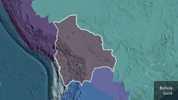 在玻利维亚边境地区进行的近距离调查显示 行政地图上有黑暗的阴影 资本点 风靡全国各地 国家及其首都的英文名称 — 图库照片
