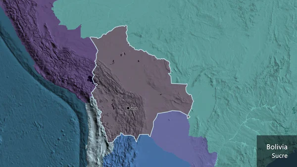 在玻利维亚边境地区进行的近距离调查显示 行政地图上有黑暗的阴影 资本点 概略地描述一下国家的面貌 国家及其首都的英文名称 — 图库照片