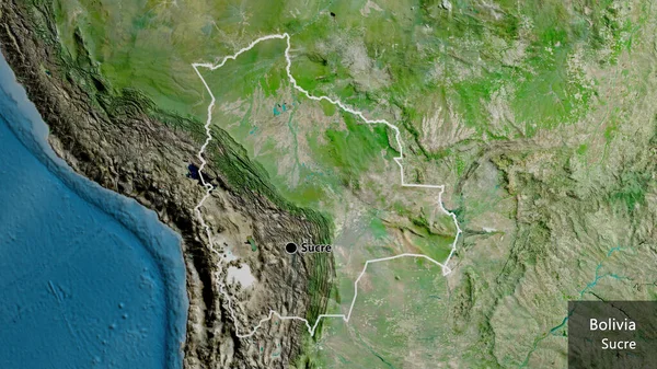 衛星地図上のボリビア国境地帯の閉鎖 資本ポイント 国の形の周りの概要 英名国とその首都 — ストック写真