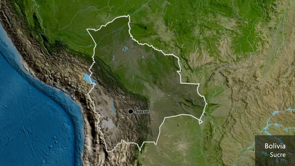 玻利维亚边境地区的特写镜头 用卫星地图上的黑暗覆盖突出显示 资本点 概略地描述一下国家的面貌 国家及其首都的英文名称 — 图库照片