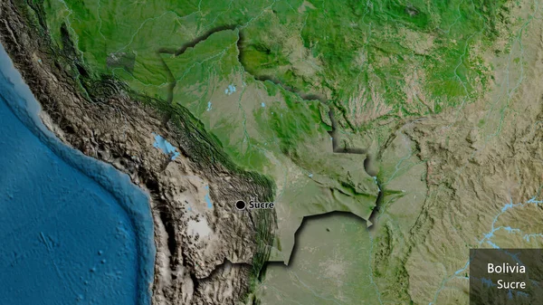 衛星地図上のボリビア国境地帯の閉鎖 資本ポイント 国の形の縁が隠されています 英名国とその首都 — ストック写真