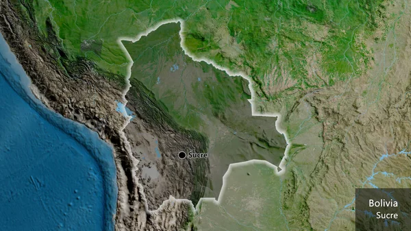 衛星地図上の暗いオーバーレイで強調ボリビア国境地域のクローズアップ 資本ポイント 国の形の周りに光る 英名国とその首都 — ストック写真