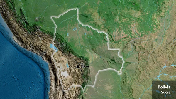 衛星地図上のボリビア国境地帯の閉鎖 資本ポイント 国の形の周りに光る 英名国とその首都 — ストック写真