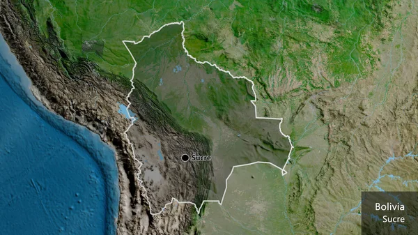 衛星地図上の暗いオーバーレイで強調ボリビア国境地域のクローズアップ 資本ポイント 国の形の周りの概要 英名国とその首都 — ストック写真