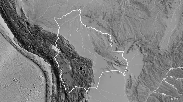 在一张灰色比例尺地图上对玻利维亚边境地区进行的密切调查 资本点 国家形貌概述 — 图库照片